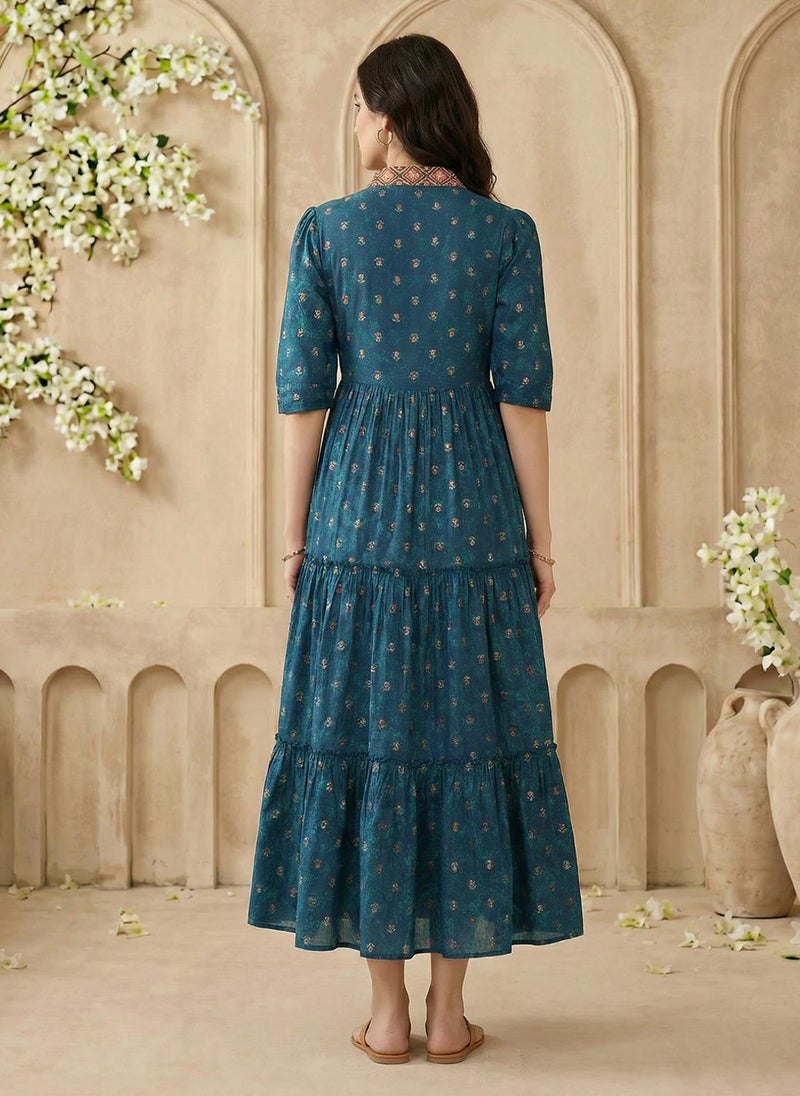 Globus Women Teal Embroidered V-Neck Puff Sleeves Gold Foil Floral Print Gathered & Tiered Midi A-Line Fusion Dress - Image 4